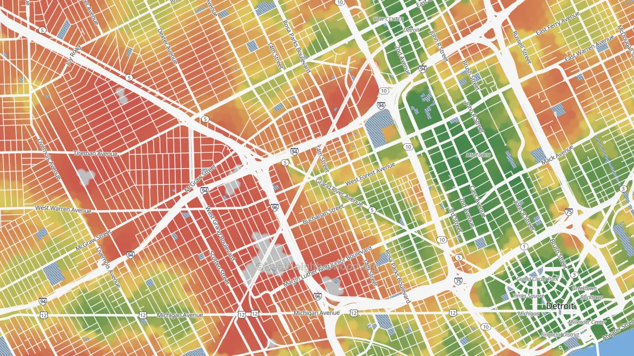 Walk Grade map of 48208, MI, walkable areas in green and car-dependent areas in red