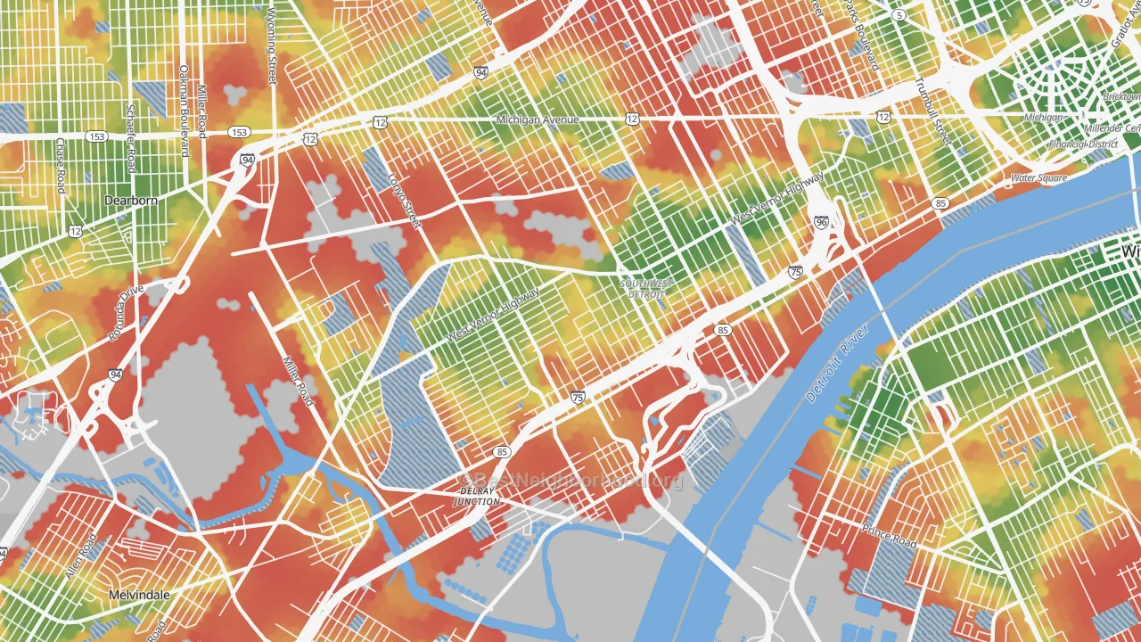 Walk Grade map of 48209, MI, walkable areas in green and car-dependent areas in red