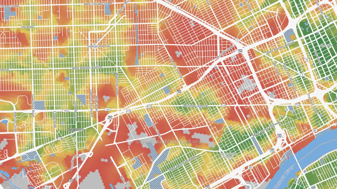 Walk Grade map of 48210, MI, walkable areas in green and car-dependent areas in red