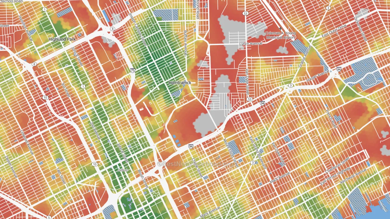 Walk Grade map of 48211, MI, walkable areas in green and car-dependent areas in red