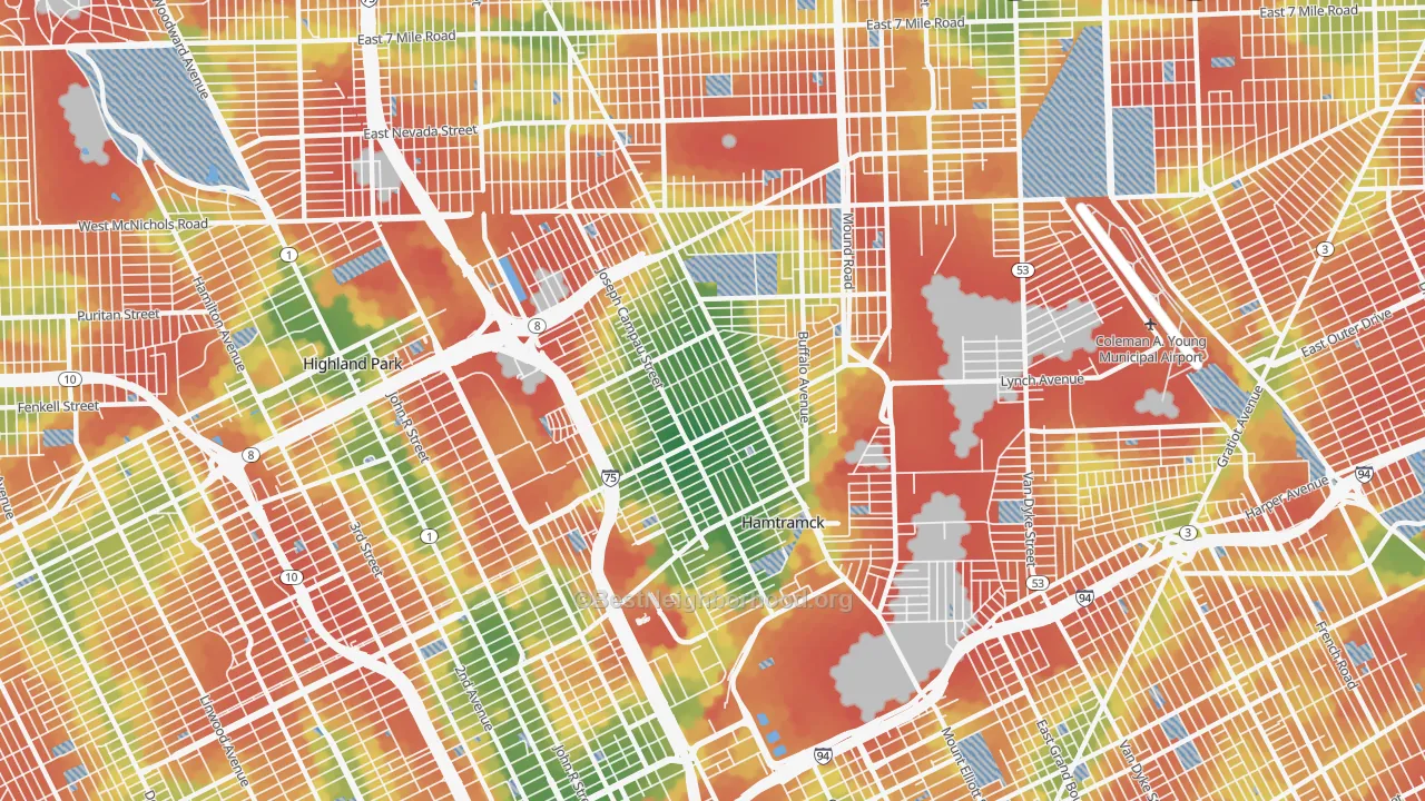 Walk Grade map of 48212, MI, walkable areas in green and car-dependent areas in red