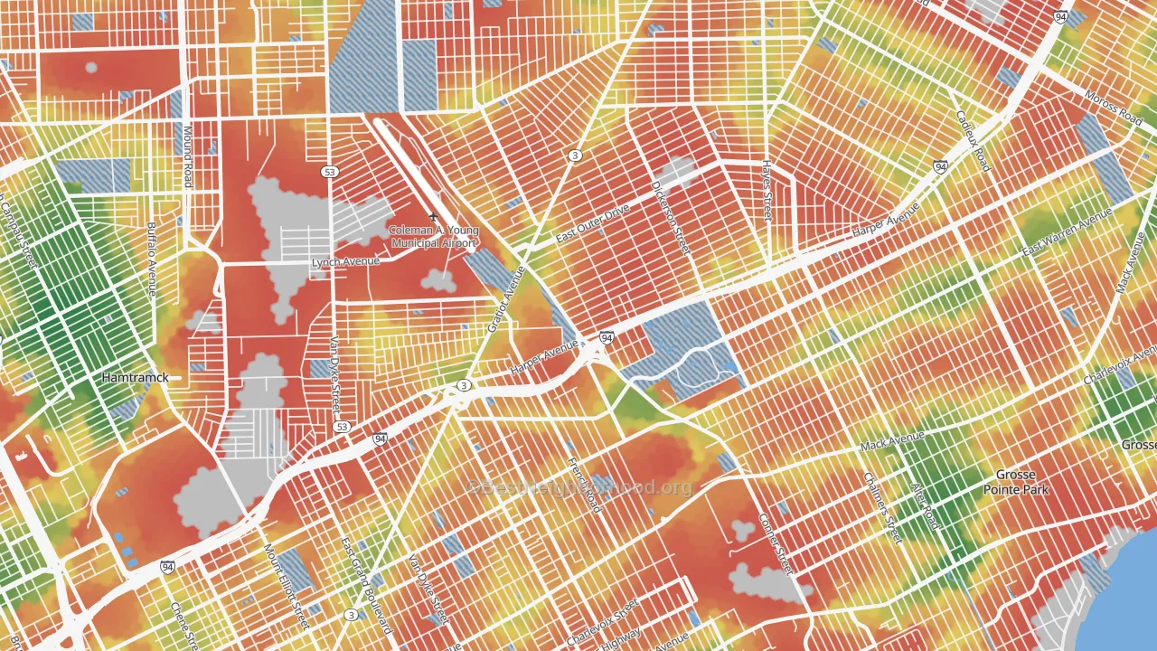 Walk Grade map of 48213, MI, walkable areas in green and car-dependent areas in red