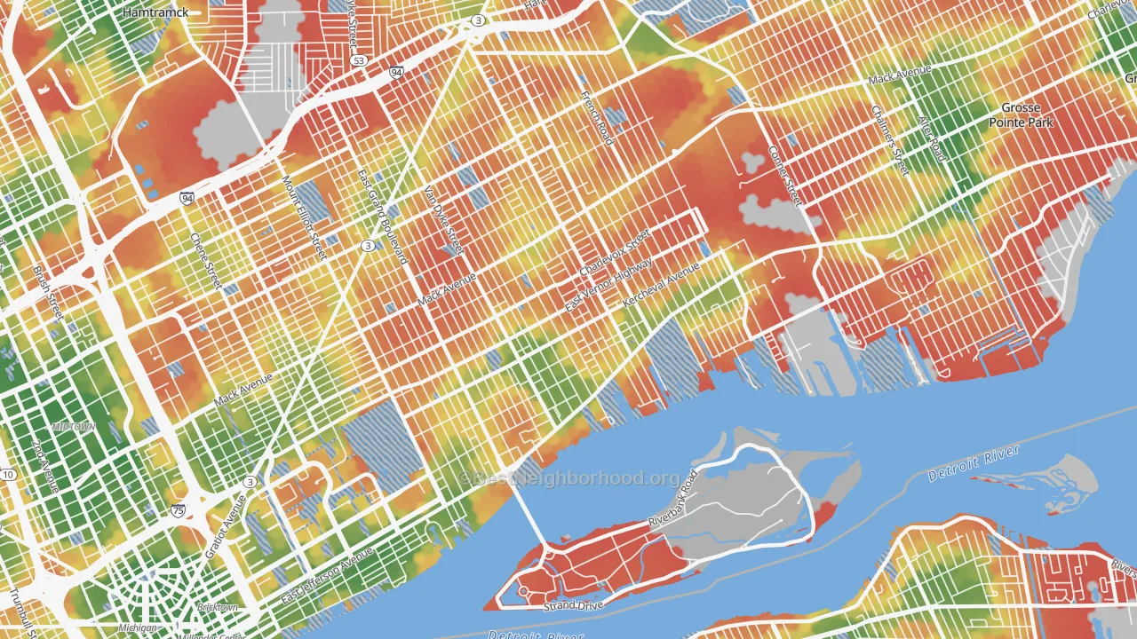Walk Grade map of 48214, MI, walkable areas in green and car-dependent areas in red