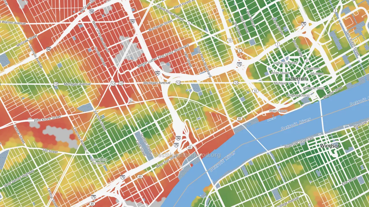 Walk Grade map of 48216, MI, walkable areas in green and car-dependent areas in red