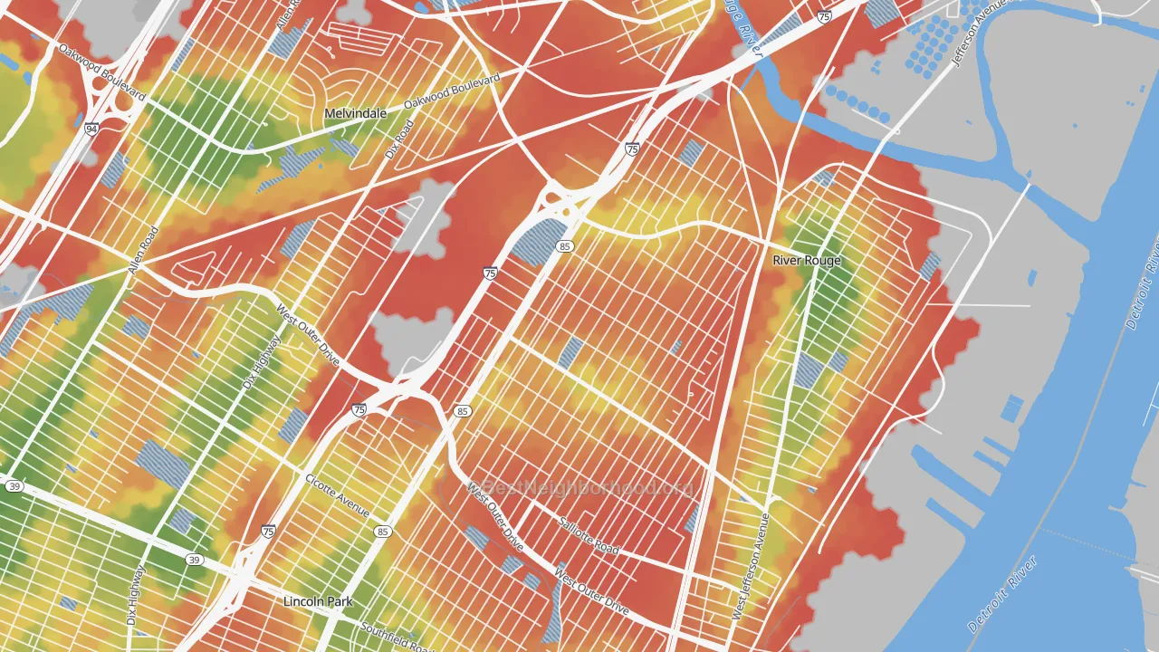 Walk Grade map of 48217, MI, walkable areas in green and car-dependent areas in red