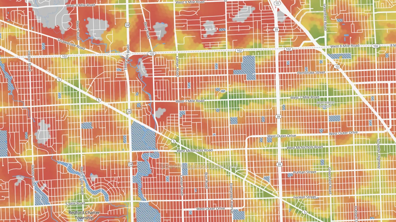 Walk Grade map of 48219, MI, walkable areas in green and car-dependent areas in red