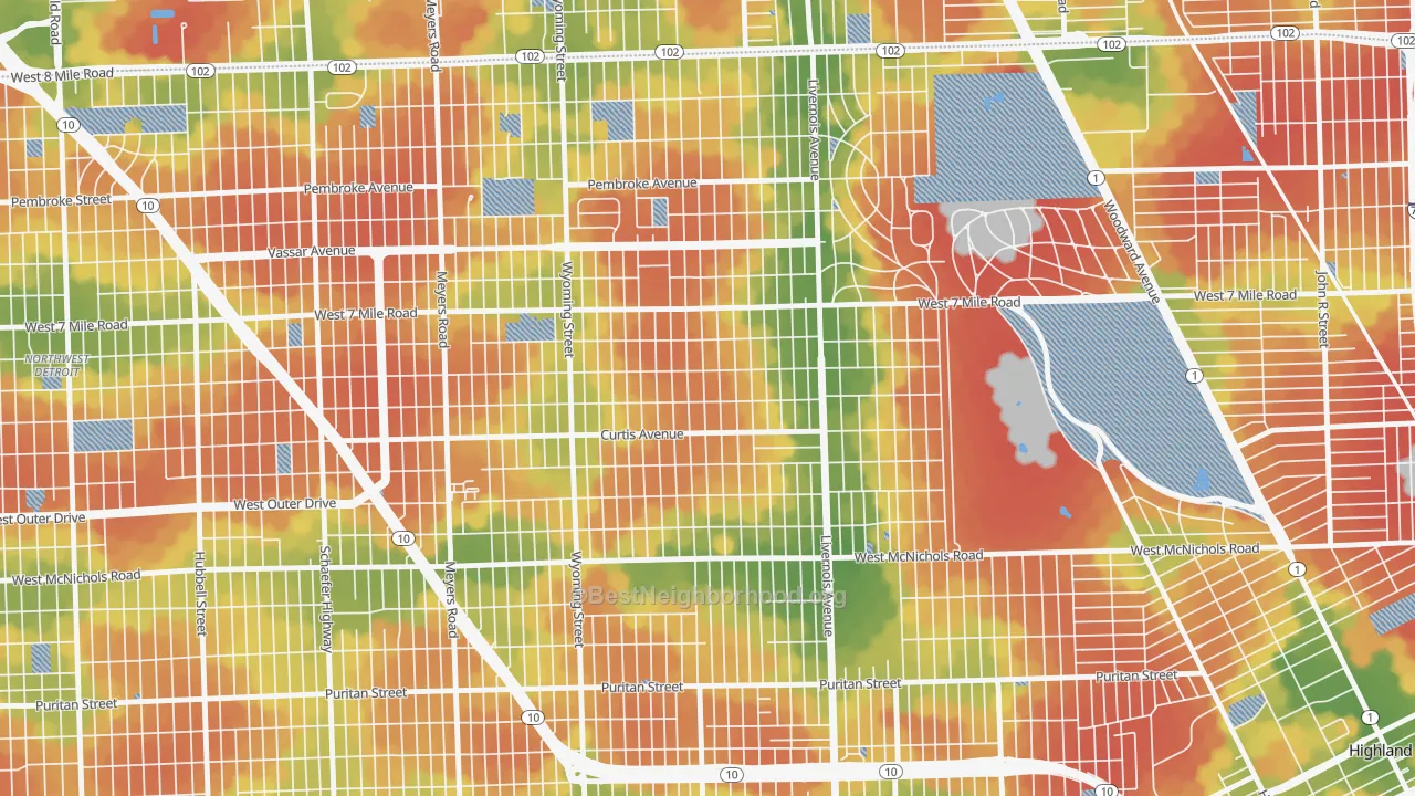 Walk Grade map of 48221, MI, walkable areas in green and car-dependent areas in red