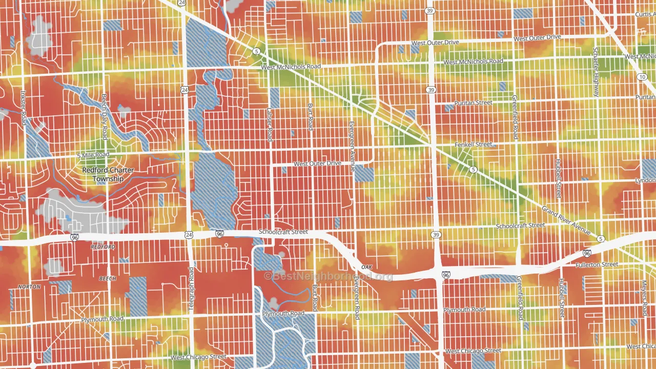 Walk Grade map of 48223, MI, walkable areas in green and car-dependent areas in red