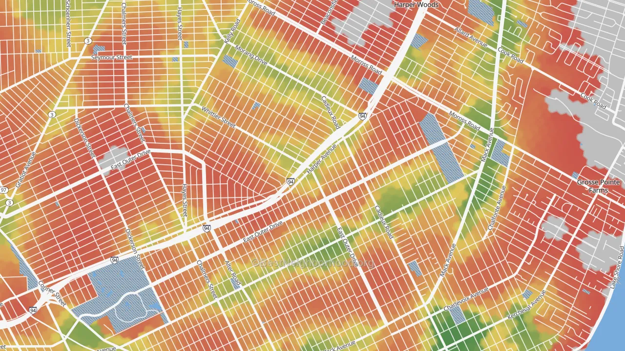 Walk Grade map of 48224, MI, walkable areas in green and car-dependent areas in red