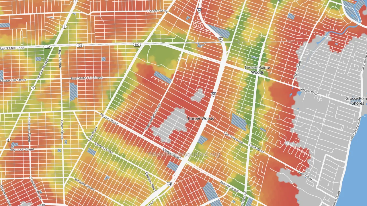 Walk Grade map of 48225, MI, walkable areas in green and car-dependent areas in red