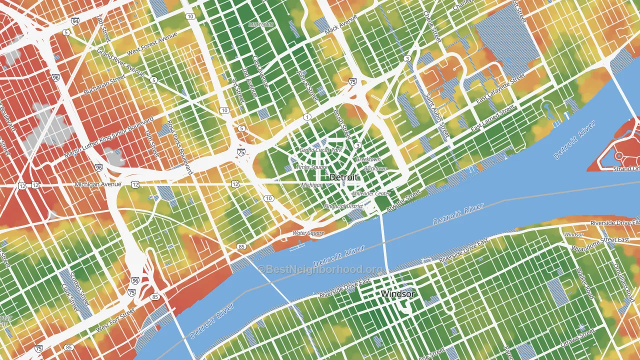 Walk Grade map of 48226, MI, walkable areas in green and car-dependent areas in red