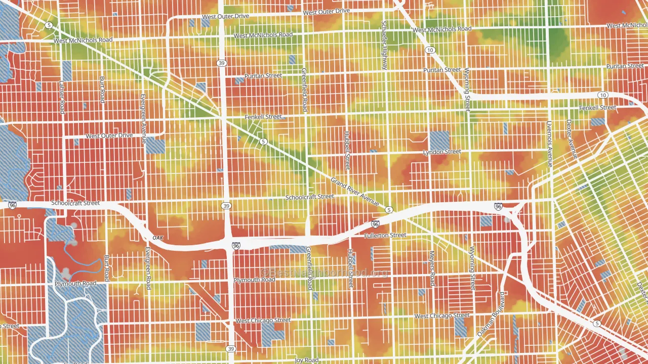 Walk Grade map of 48227, MI, walkable areas in green and car-dependent areas in red