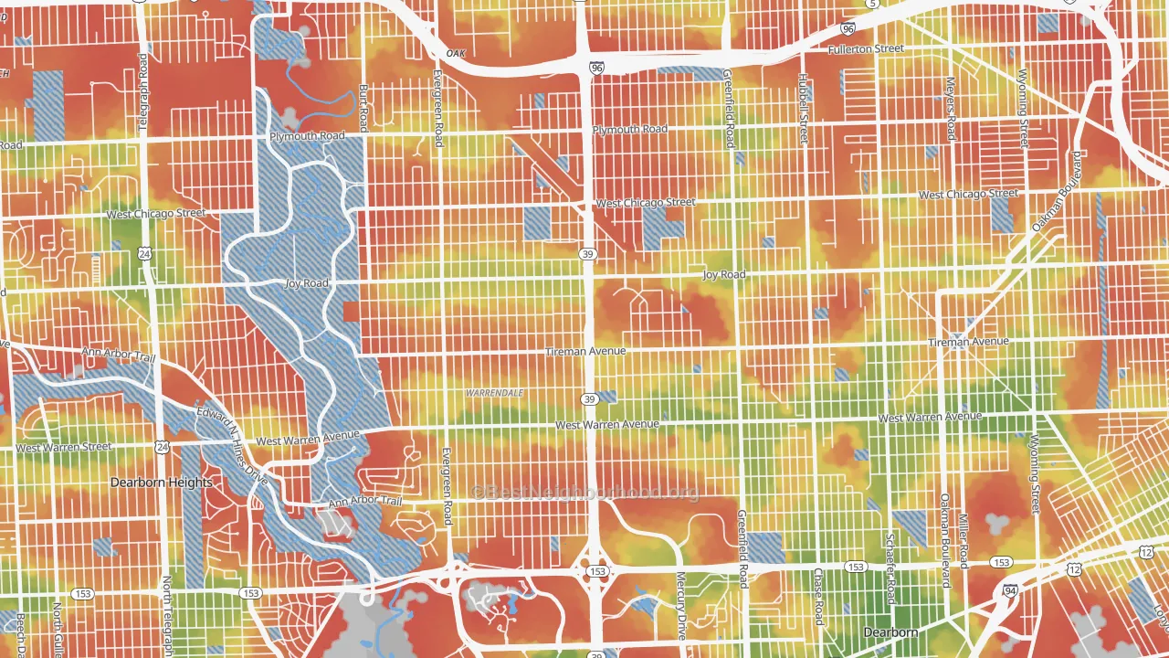 Walk Grade map of 48228, MI, walkable areas in green and car-dependent areas in red