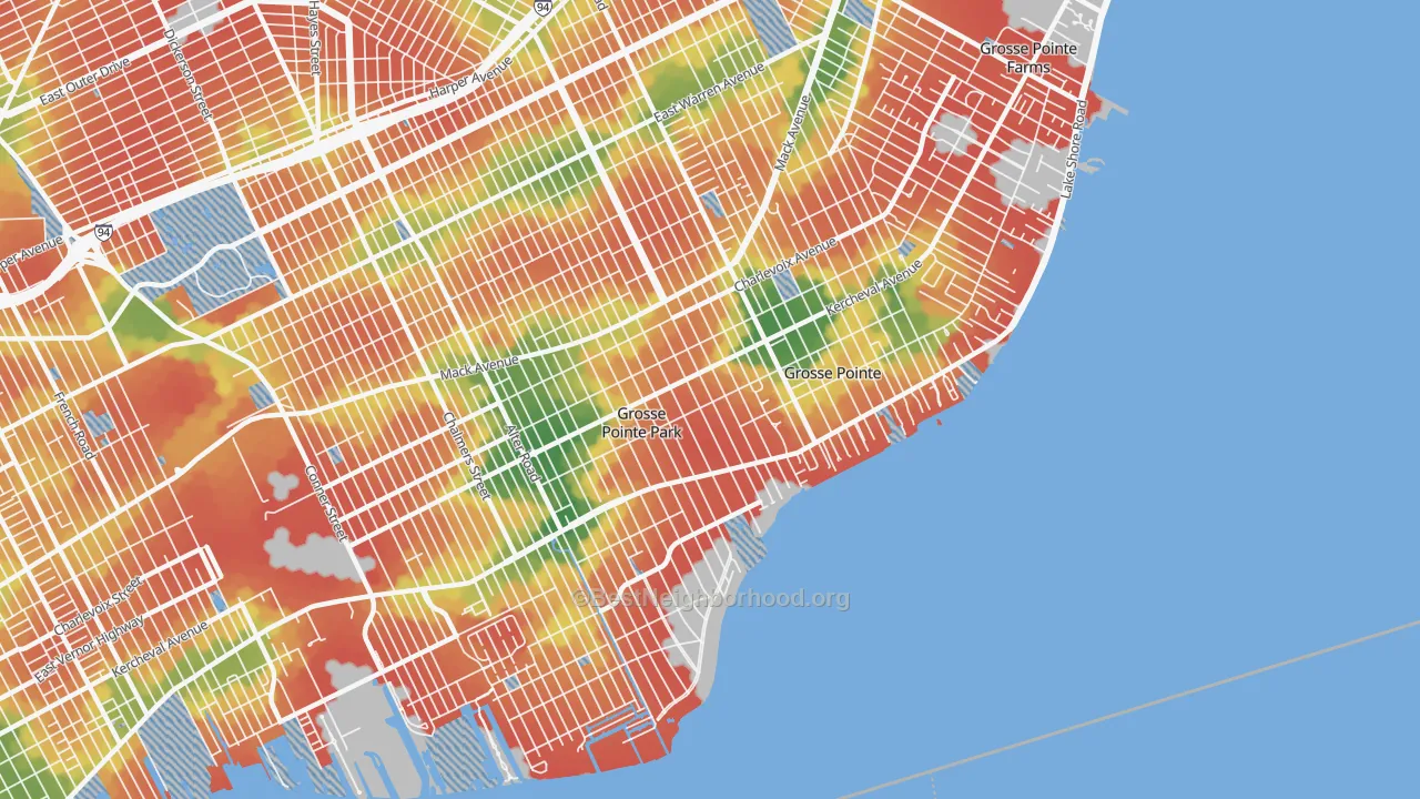 Walk Grade map of 48230, MI, walkable areas in green and car-dependent areas in red