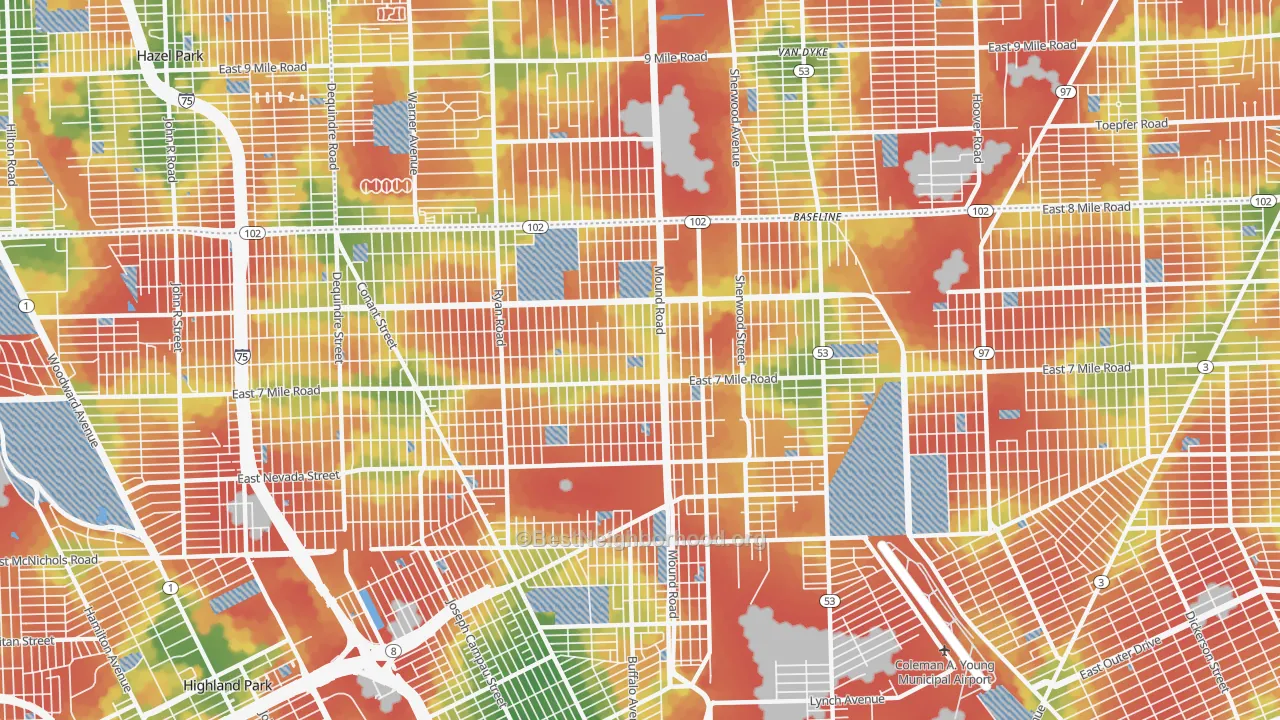 Walk Grade map of 48234, MI, walkable areas in green and car-dependent areas in red