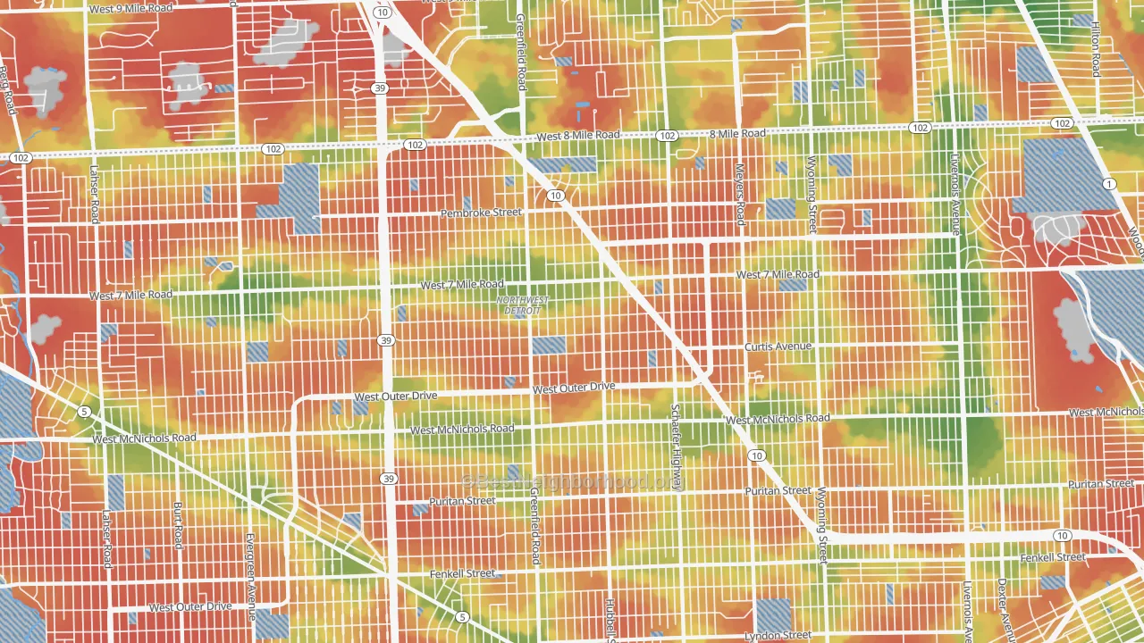 Walk Grade map of 48235, MI, walkable areas in green and car-dependent areas in red