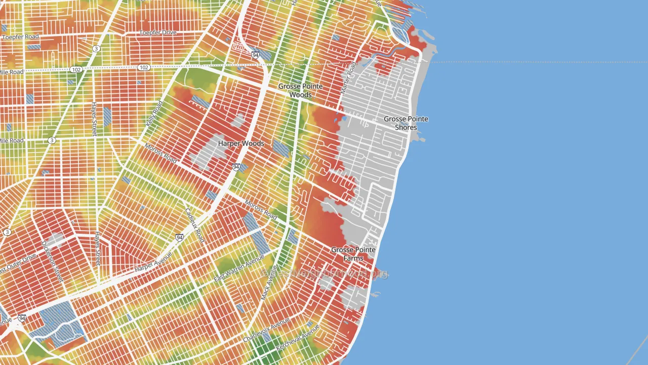 Walk Grade map of 48236, MI, walkable areas in green and car-dependent areas in red
