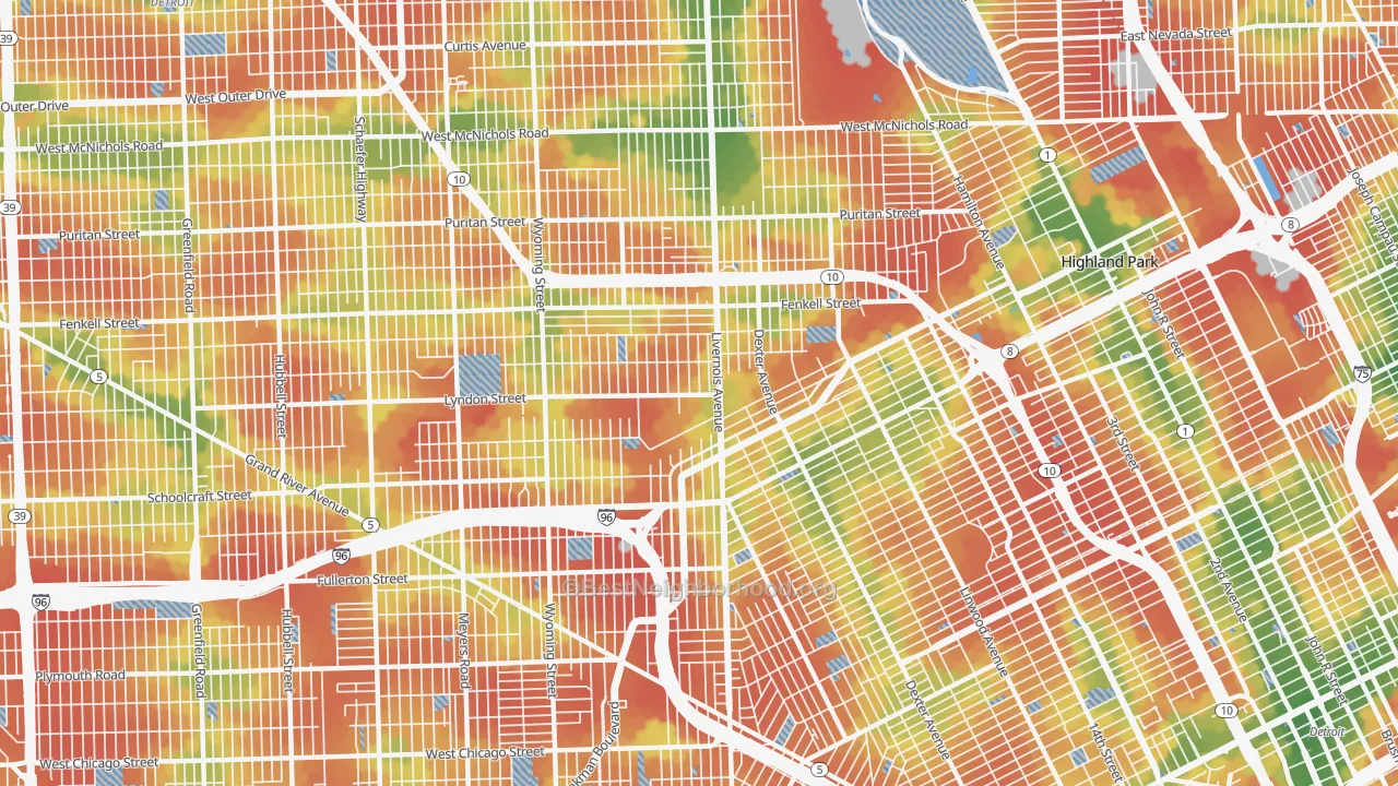 Walk Grade map of 48238, MI, walkable areas in green and car-dependent areas in red