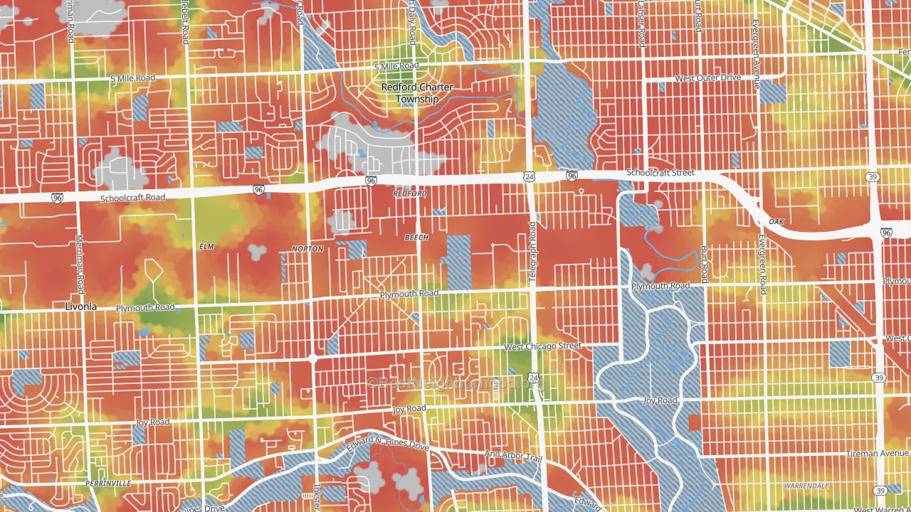 Walk Grade map of 48239, MI, walkable areas in green and car-dependent areas in red