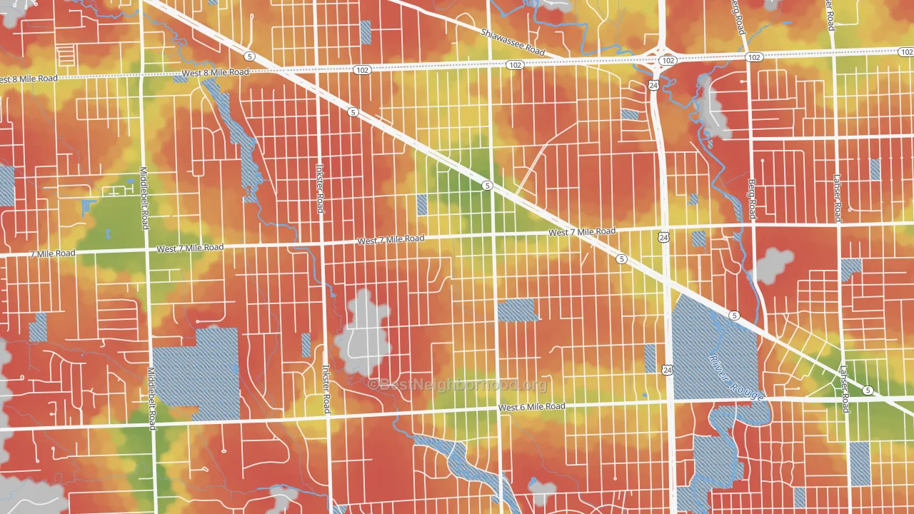 Walk Grade map of 48240, MI, walkable areas in green and car-dependent areas in red