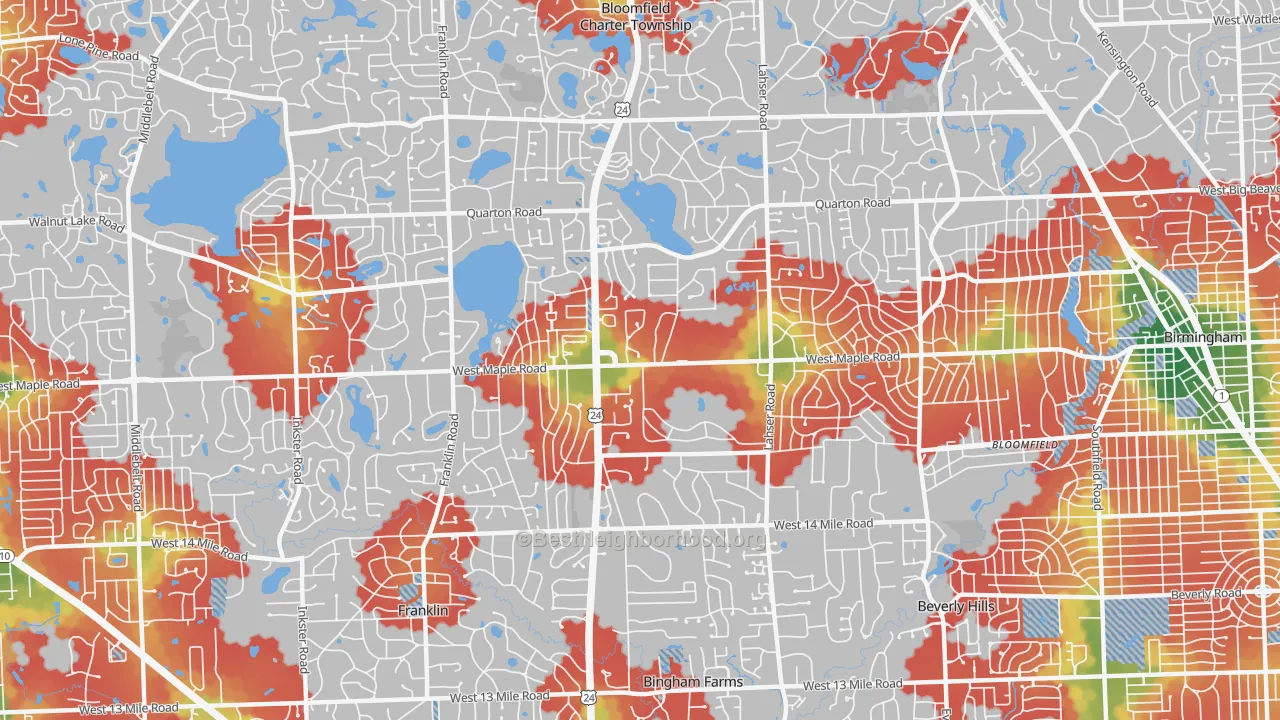 Walk Grade map of 48301, MI, walkable areas in green and car-dependent areas in red