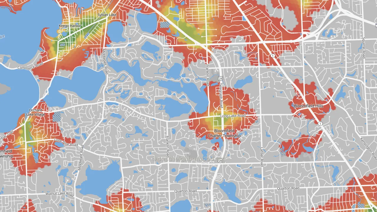 Walk Grade map of 48302, MI, walkable areas in green and car-dependent areas in red