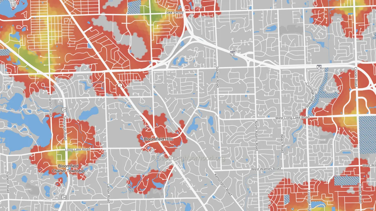 Walk Grade map of 48304, MI, walkable areas in green and car-dependent areas in red