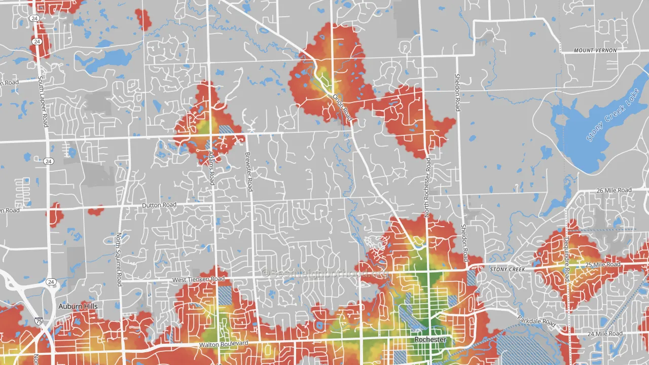 Walk Grade map of 48306, MI, walkable areas in green and car-dependent areas in red