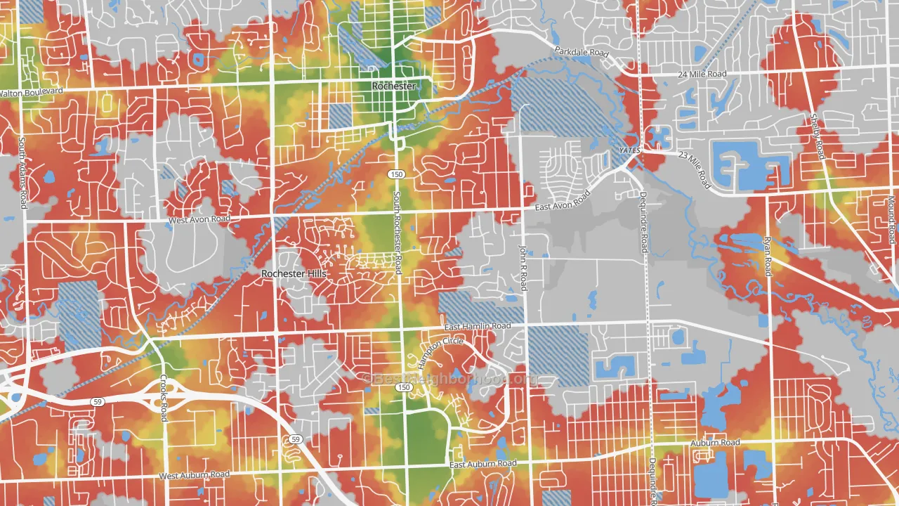 Walk Grade map of 48307, MI, walkable areas in green and car-dependent areas in red