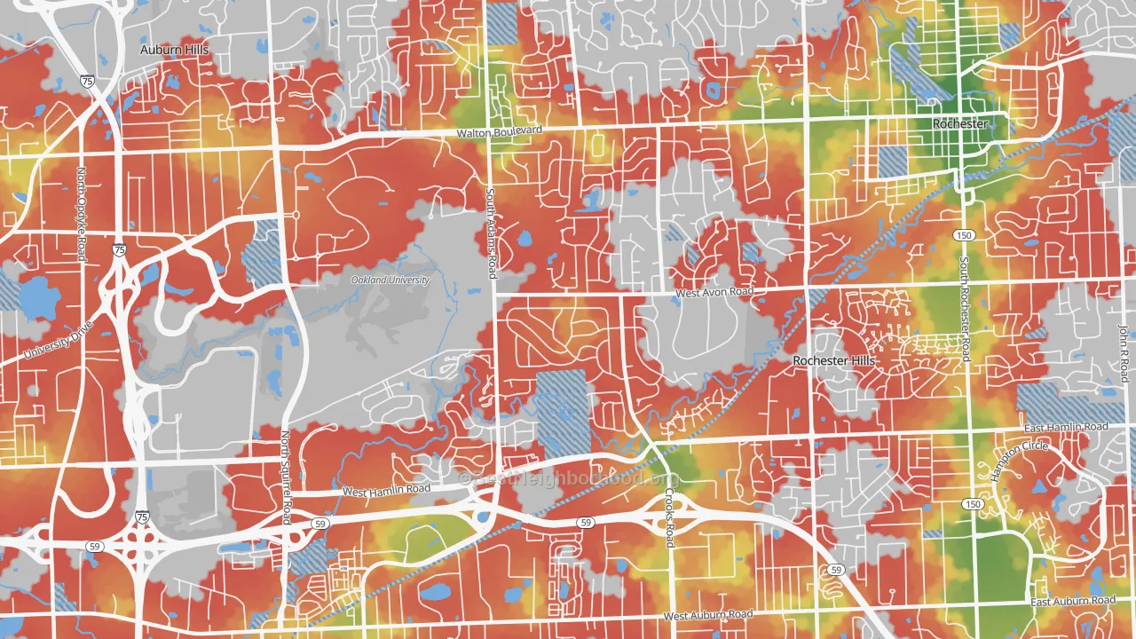 Walk Grade map of 48309, MI, walkable areas in green and car-dependent areas in red