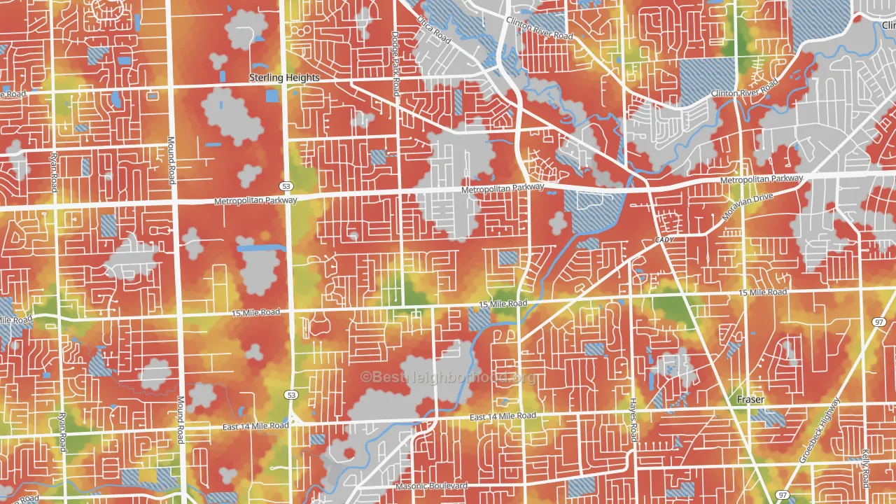 Walk Grade map of 48312, MI, walkable areas in green and car-dependent areas in red