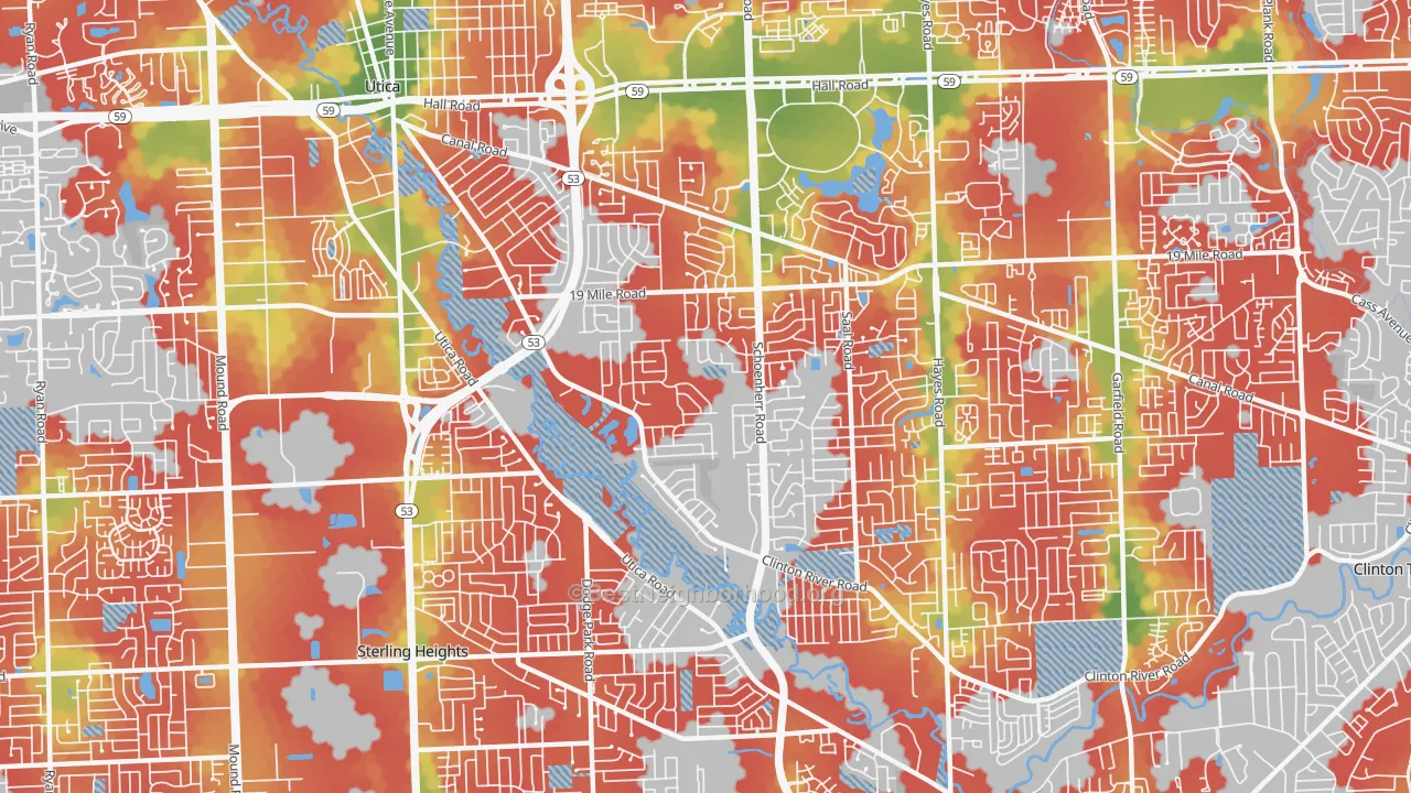 Walk Grade map of 48313, MI, walkable areas in green and car-dependent areas in red