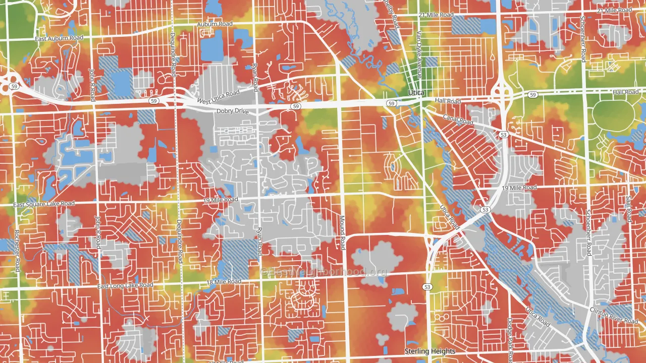 Walk Grade map of 48314, MI, walkable areas in green and car-dependent areas in red