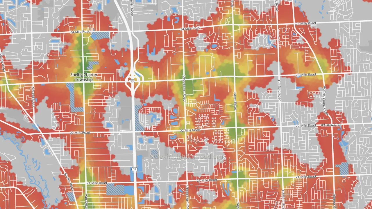 Walk Grade map of 48315, MI, walkable areas in green and car-dependent areas in red