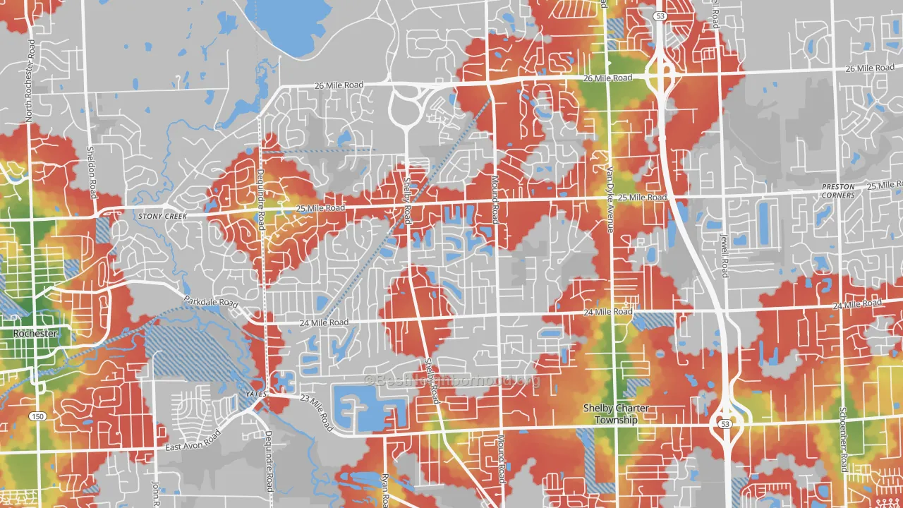 Walk Grade map of 48316, MI, walkable areas in green and car-dependent areas in red