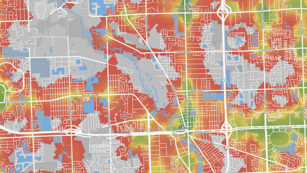 Walk Grade map of 48317, MI, walkable areas in green and car-dependent areas in red