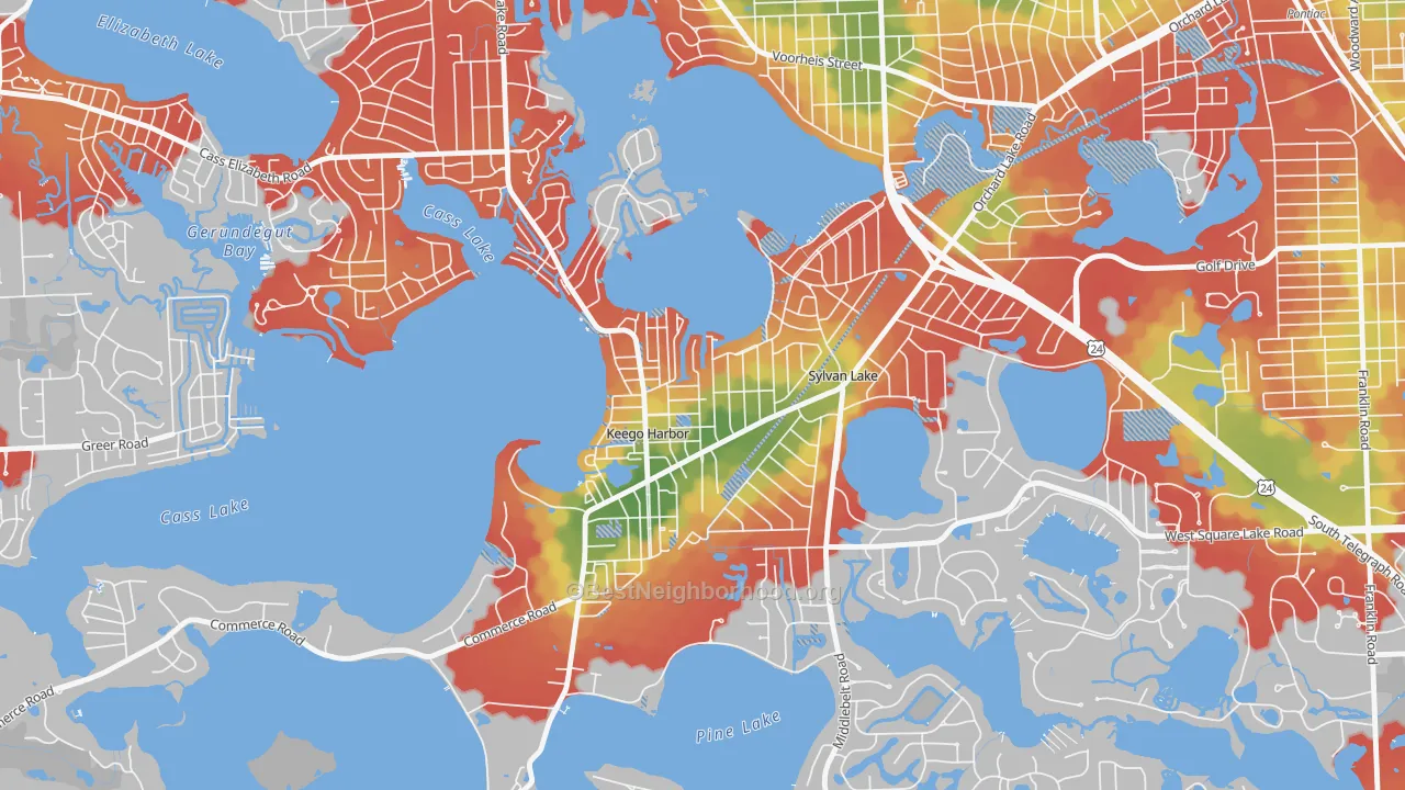 Walk Grade map of 48320, MI, walkable areas in green and car-dependent areas in red