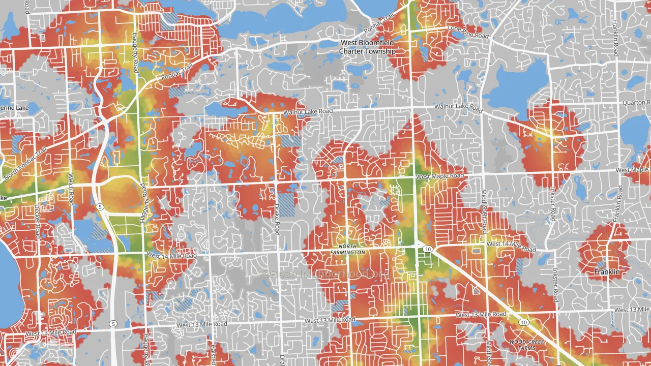 Walk Grade map of 48322, MI, walkable areas in green and car-dependent areas in red