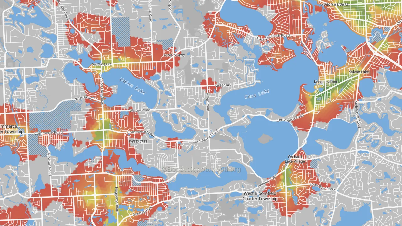 Walk Grade map of 48324, MI, walkable areas in green and car-dependent areas in red