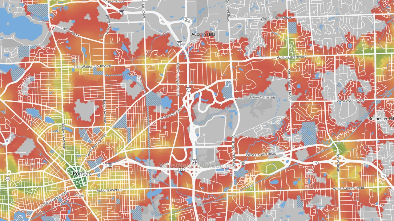 Walk Grade map of 48326, MI, walkable areas in green and car-dependent areas in red