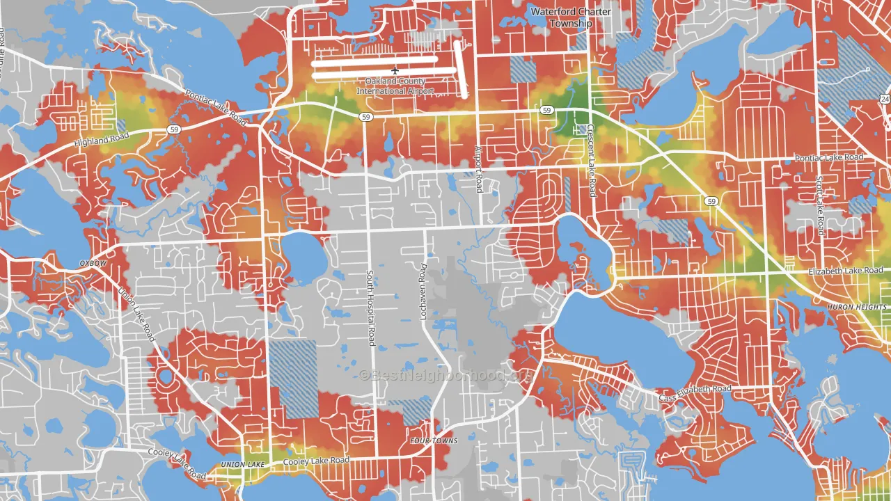 Walk Grade map of 48327, MI, walkable areas in green and car-dependent areas in red