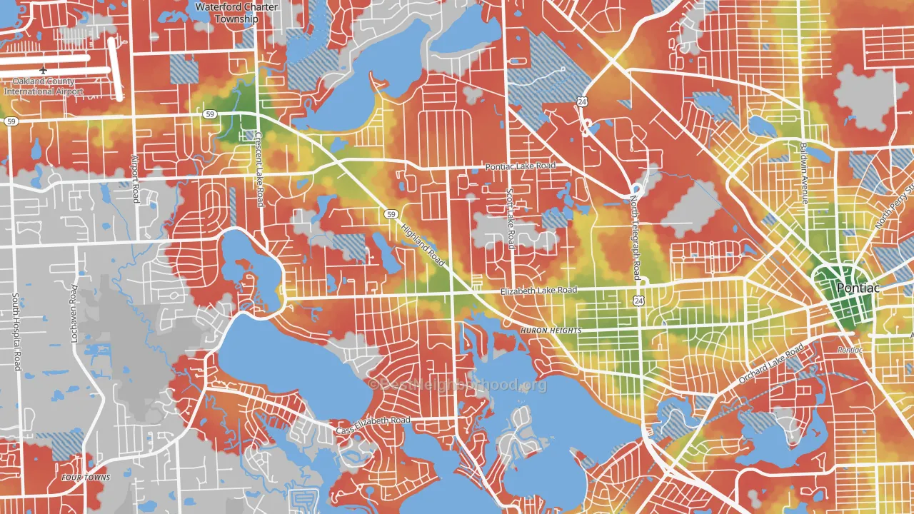 Walk Grade map of 48328, MI, walkable areas in green and car-dependent areas in red