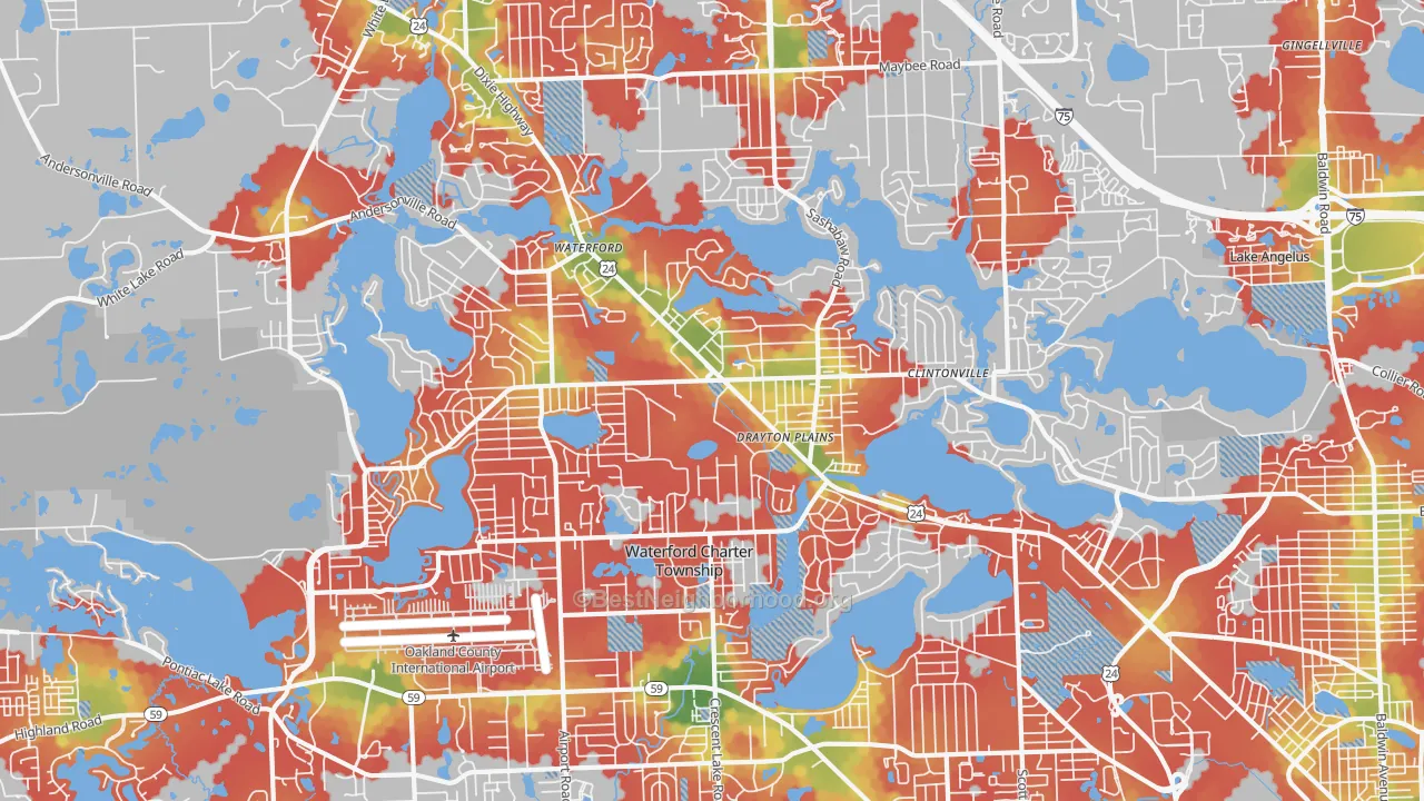 Walk Grade map of 48329, MI, walkable areas in green and car-dependent areas in red
