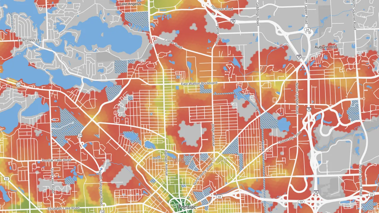 Walk Grade map of 48340, MI, walkable areas in green and car-dependent areas in red