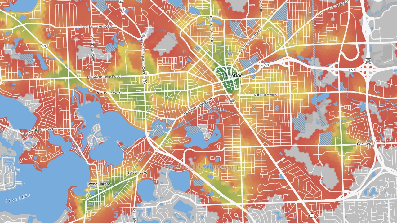 Walk Grade map of 48341, MI, walkable areas in green and car-dependent areas in red