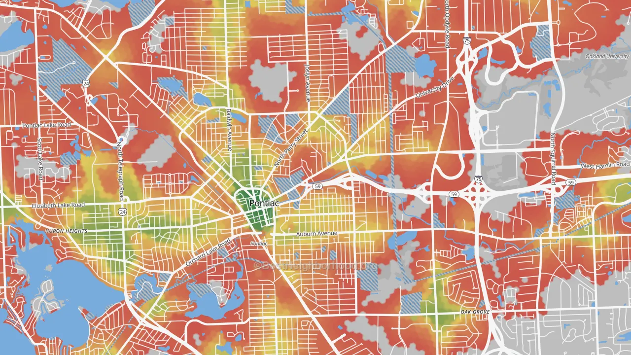 Walk Grade map of 48342, MI, walkable areas in green and car-dependent areas in red