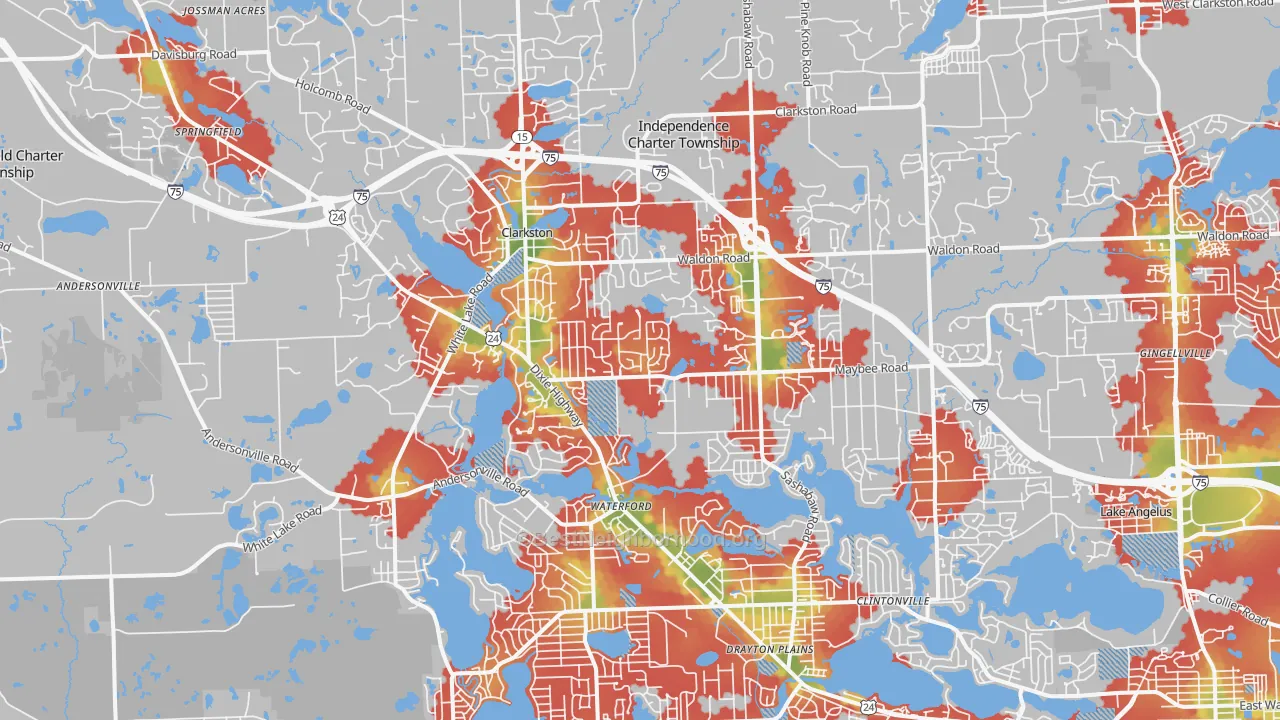 Walk Grade map of 48346, MI, walkable areas in green and car-dependent areas in red