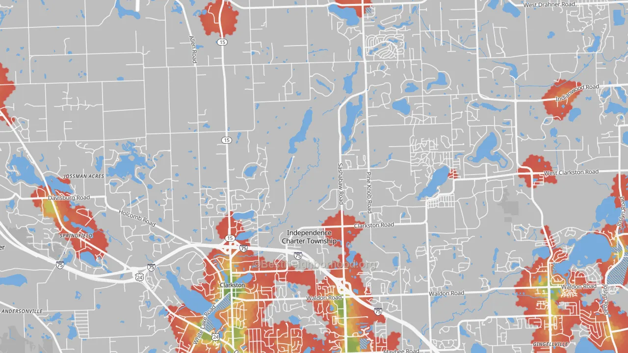 Walk Grade map of 48348, MI, walkable areas in green and car-dependent areas in red
