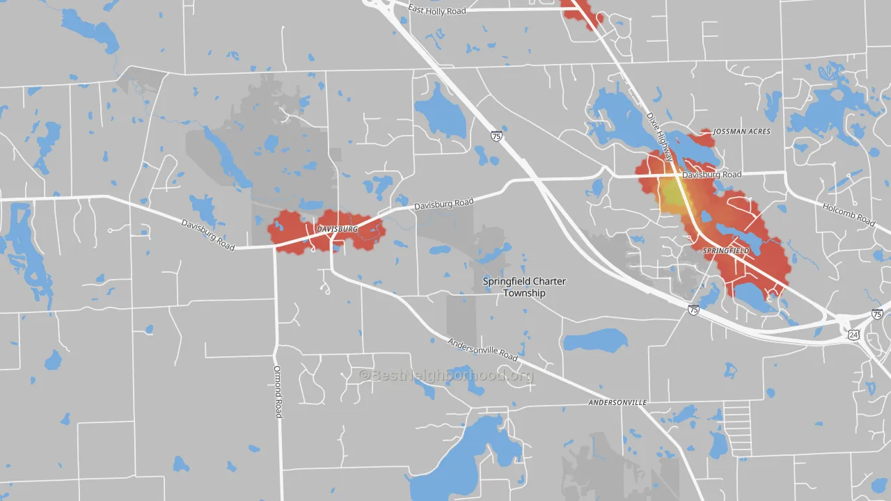 Walk Grade map of 48350, MI, walkable areas in green and car-dependent areas in red