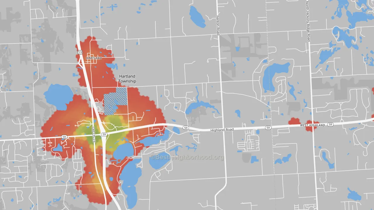 Walk Grade map of 48353, MI, walkable areas in green and car-dependent areas in red